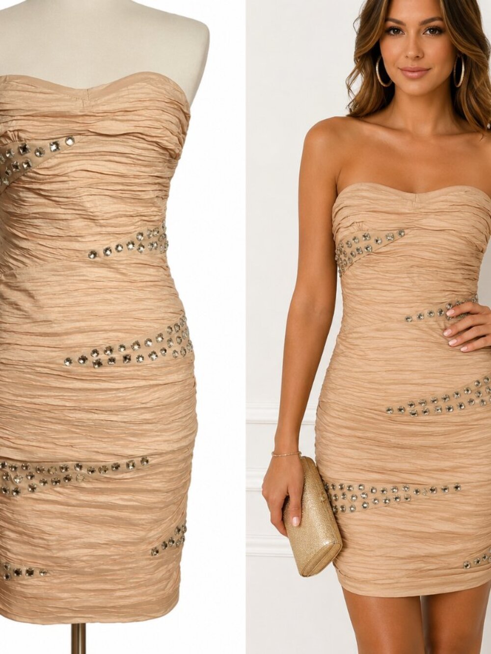 Arden B Size Small Champagne Rhinestone Bodycon Dress Y2K Glam Resort Party Club